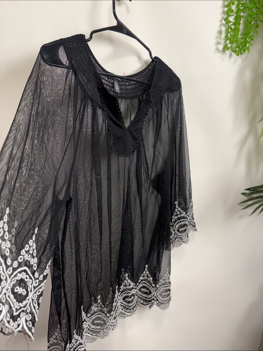 Alfani Black Sheer Mesh Swim Cover-Up with White Embroidered Hem